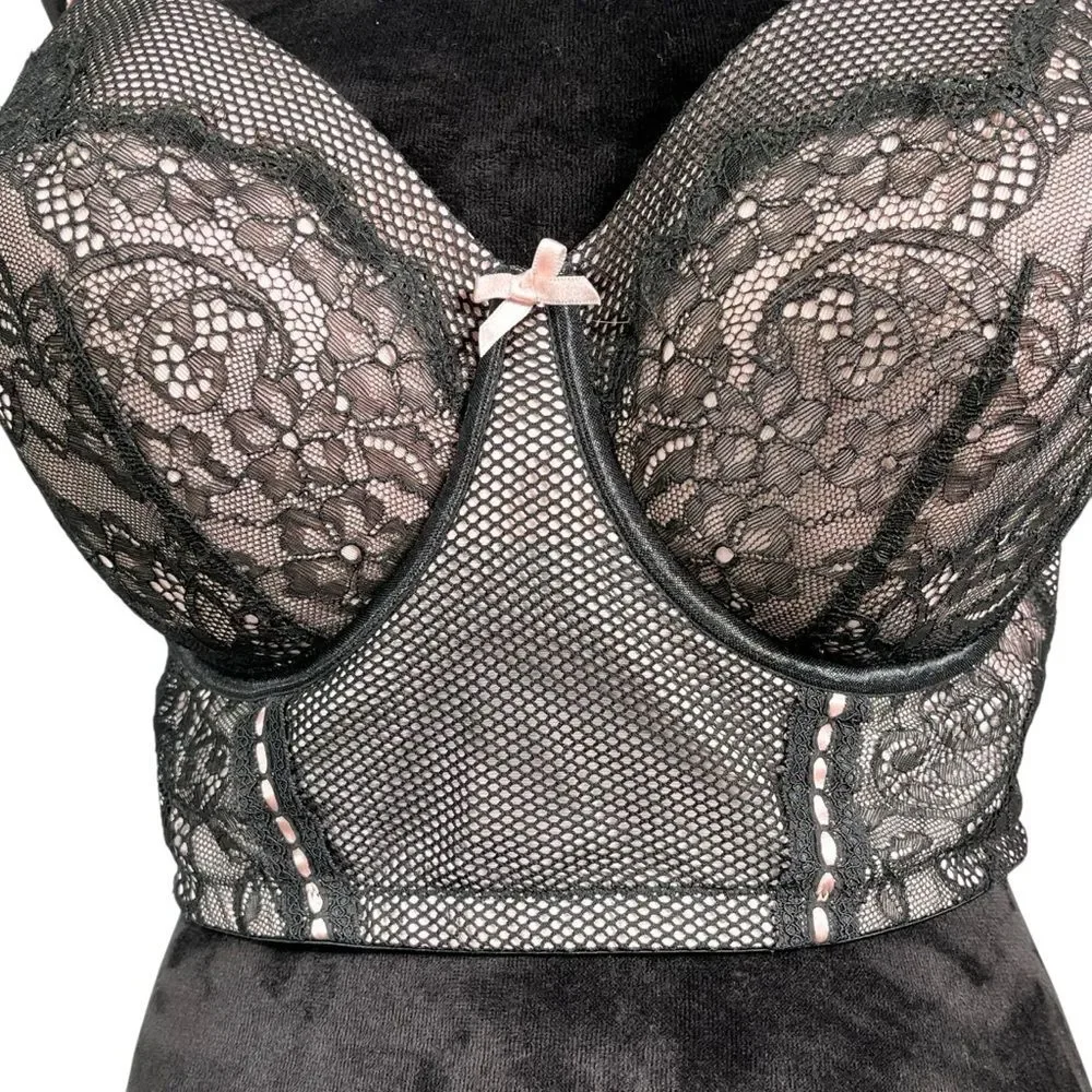 Cacique Black Lace Underwire Bra Mesh Balconette Intimate Wear 44DD